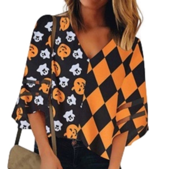 Tops - 𝅺Women's Halloween Ghost Pumpkin Print Fun Casual V-Neck Top 3/4 Bell Sleeve XL
